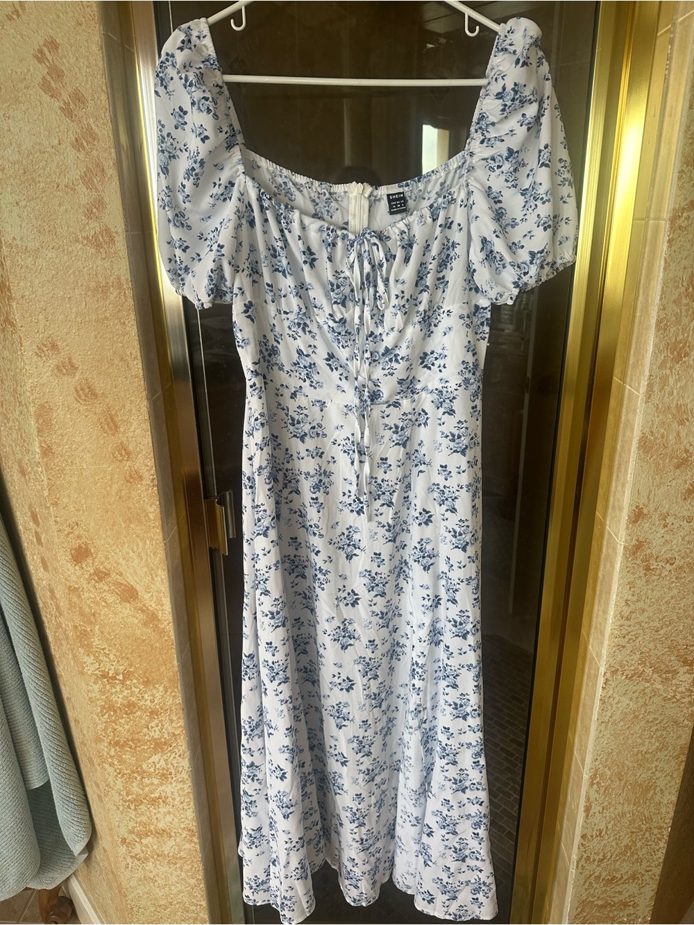SHEIN Blue Floral Puff-Sleeve Midi Dress - size M